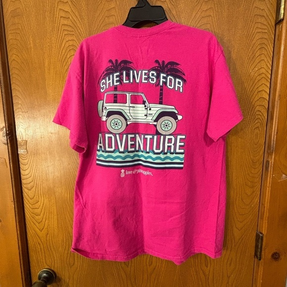 Pink Graphic Short Sleeve T-Shirt with a graphic of a Jeep on the Beach - Picture 2 of 6